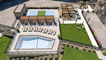 A pool deck with a pickleball court is shown in the image.